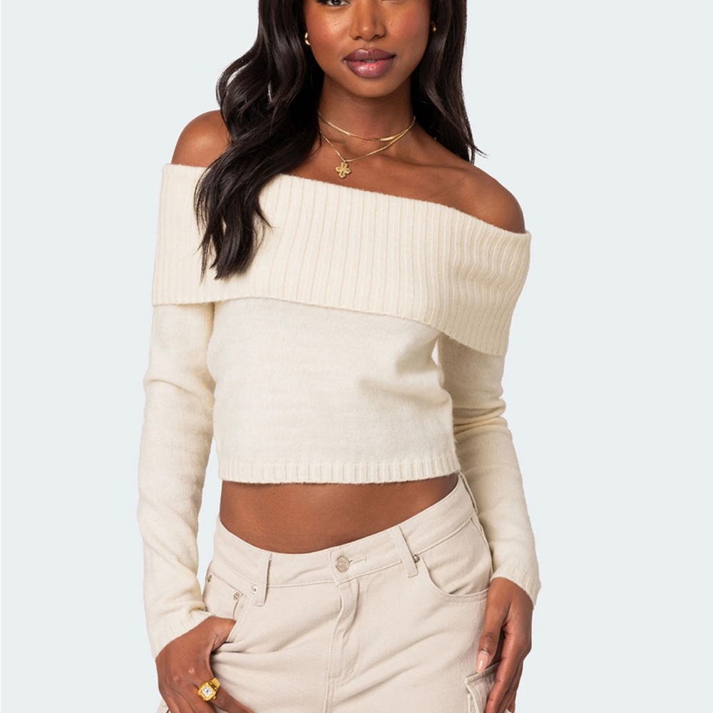 Edikted Tamara Fold Over Knit Top In Cream